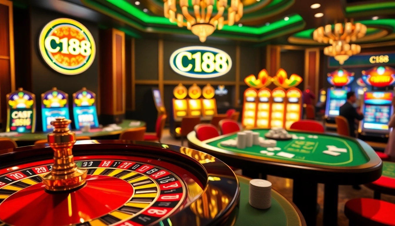 C168 branding enhances an exciting casino scene with poker tables, roulette wheels, and gleaming slot machines.