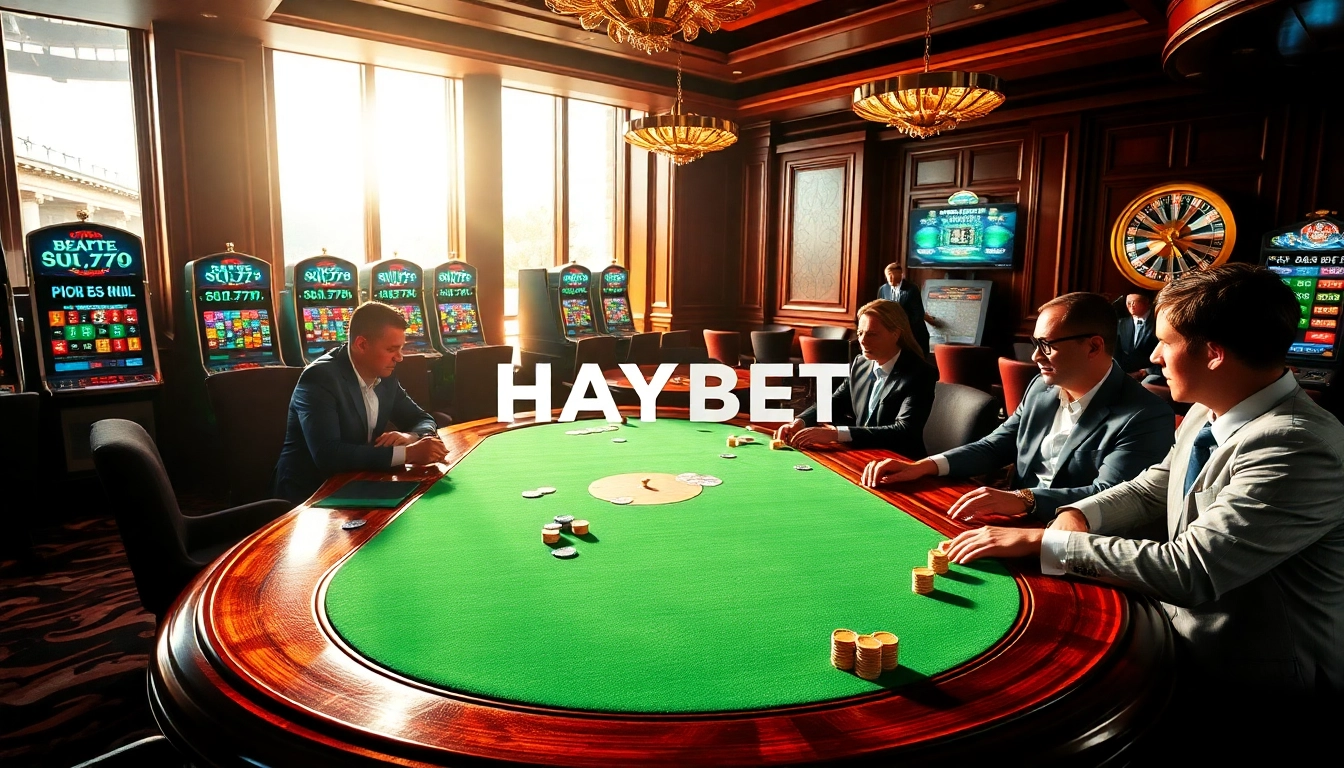 Players enjoy a thrilling game at HAYBET's luxurious casino table, surrounded by vibrant slot machines and roulette wheels.