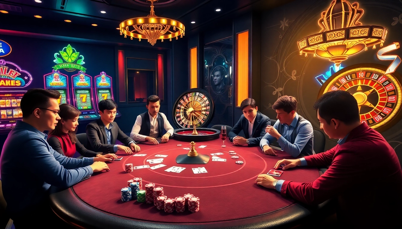 Players in a thrilling poker game at 88aa, surrounded by vibrant casino elements.