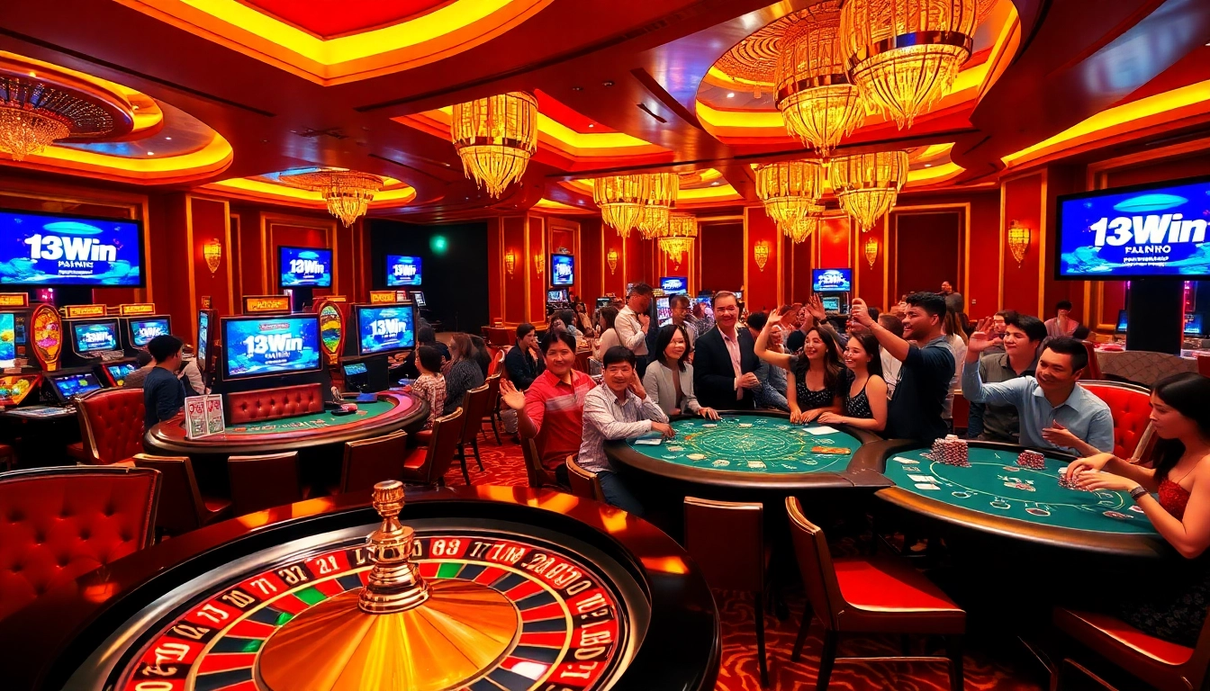 Players experiencing excitement at 13Win casino with vibrant games and a luxurious environment.