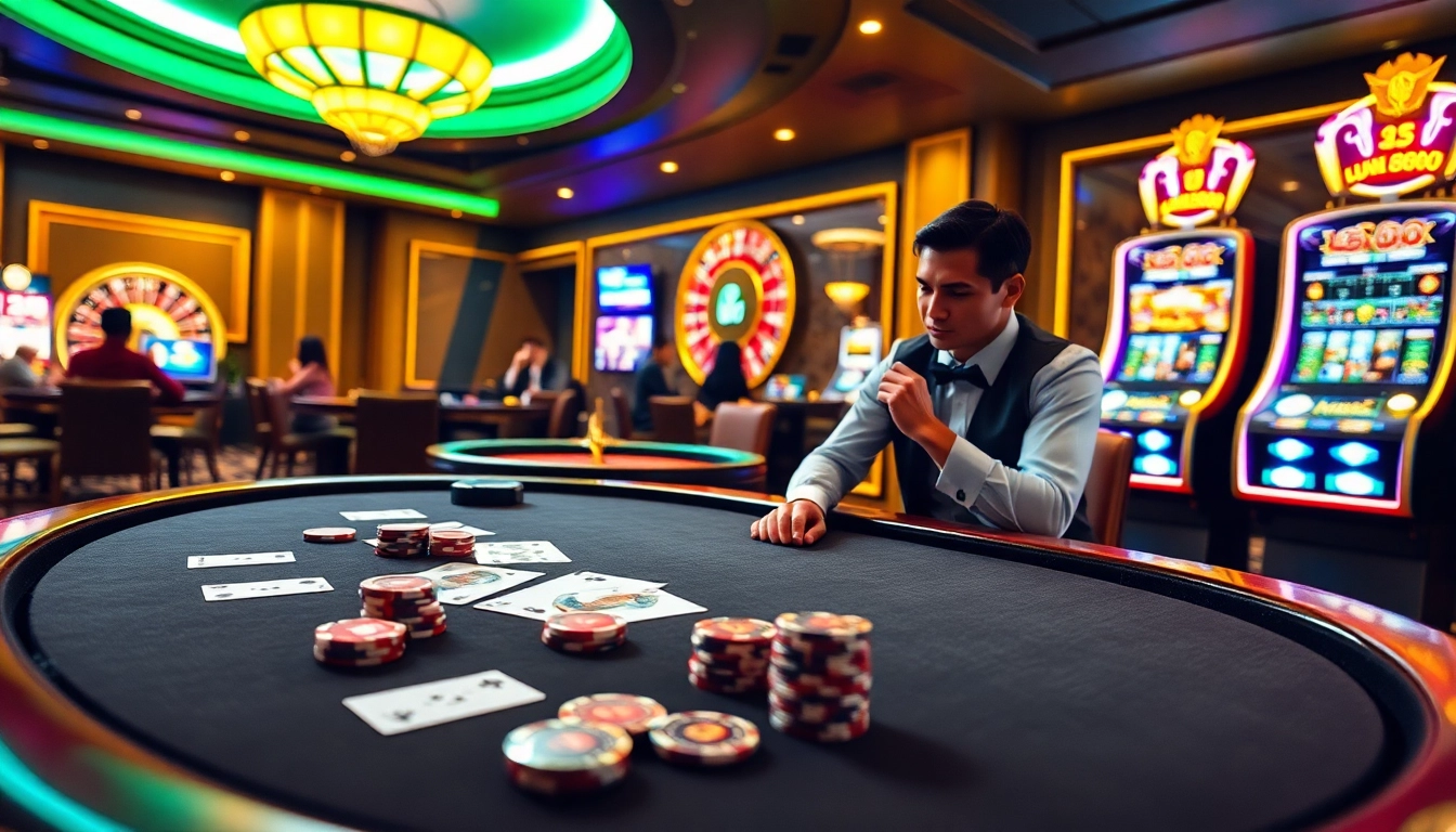 Experience the thrill of gambling with jun888 in a luxurious casino atmosphere featuring poker tables and slot machines.