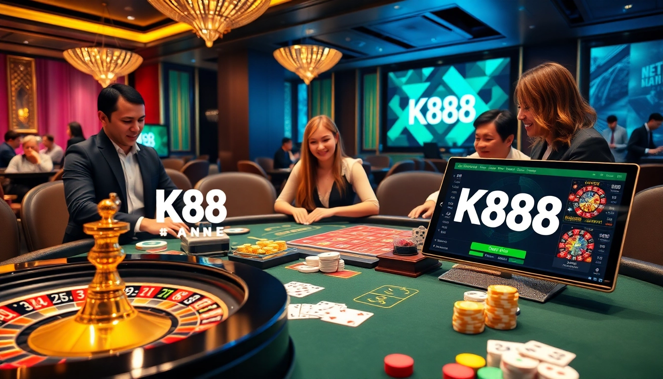 K88 players engaging with vibrant casino games and betting dynamics at a luxurious online platform.