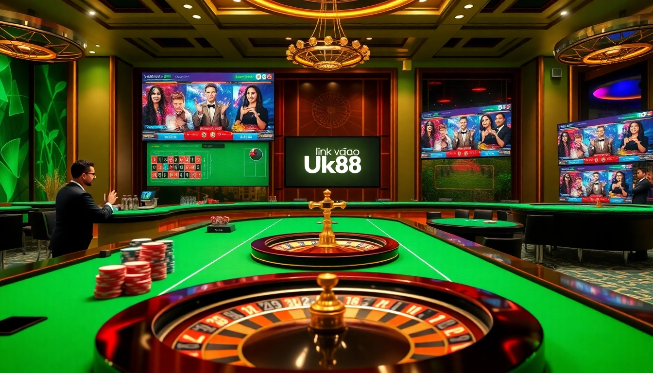 Link vào uk88 interface with lively casino elements like dealers and poker chips.