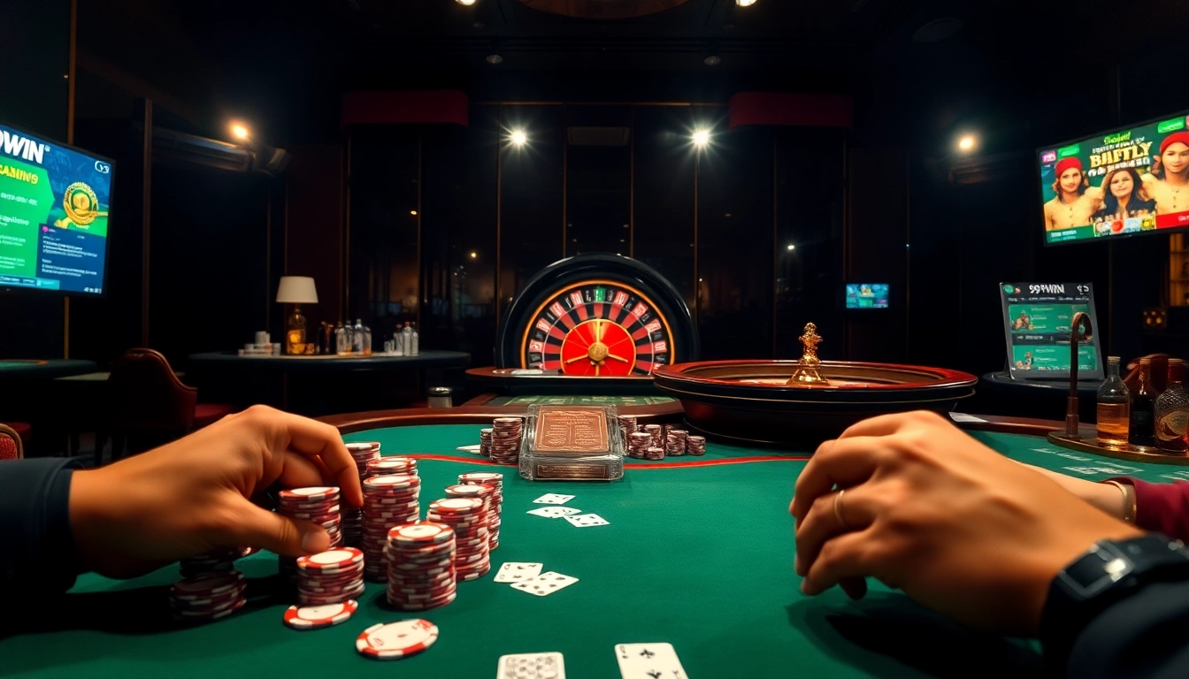 Experience the high-stakes thrill of 99win with poker tables and luxurious casino ambiance.