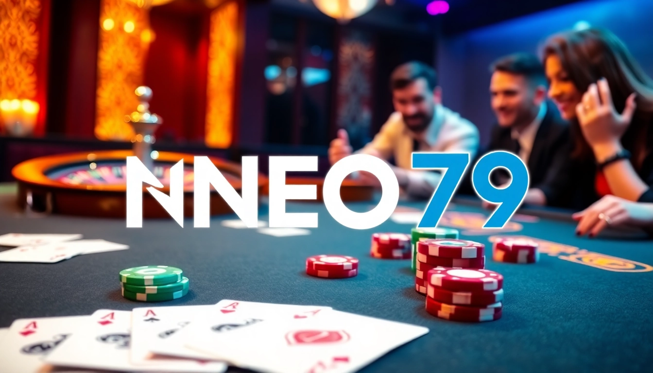 NEO79 Casino scene with luxury poker table, vibrant chips, and inviting atmosphere.