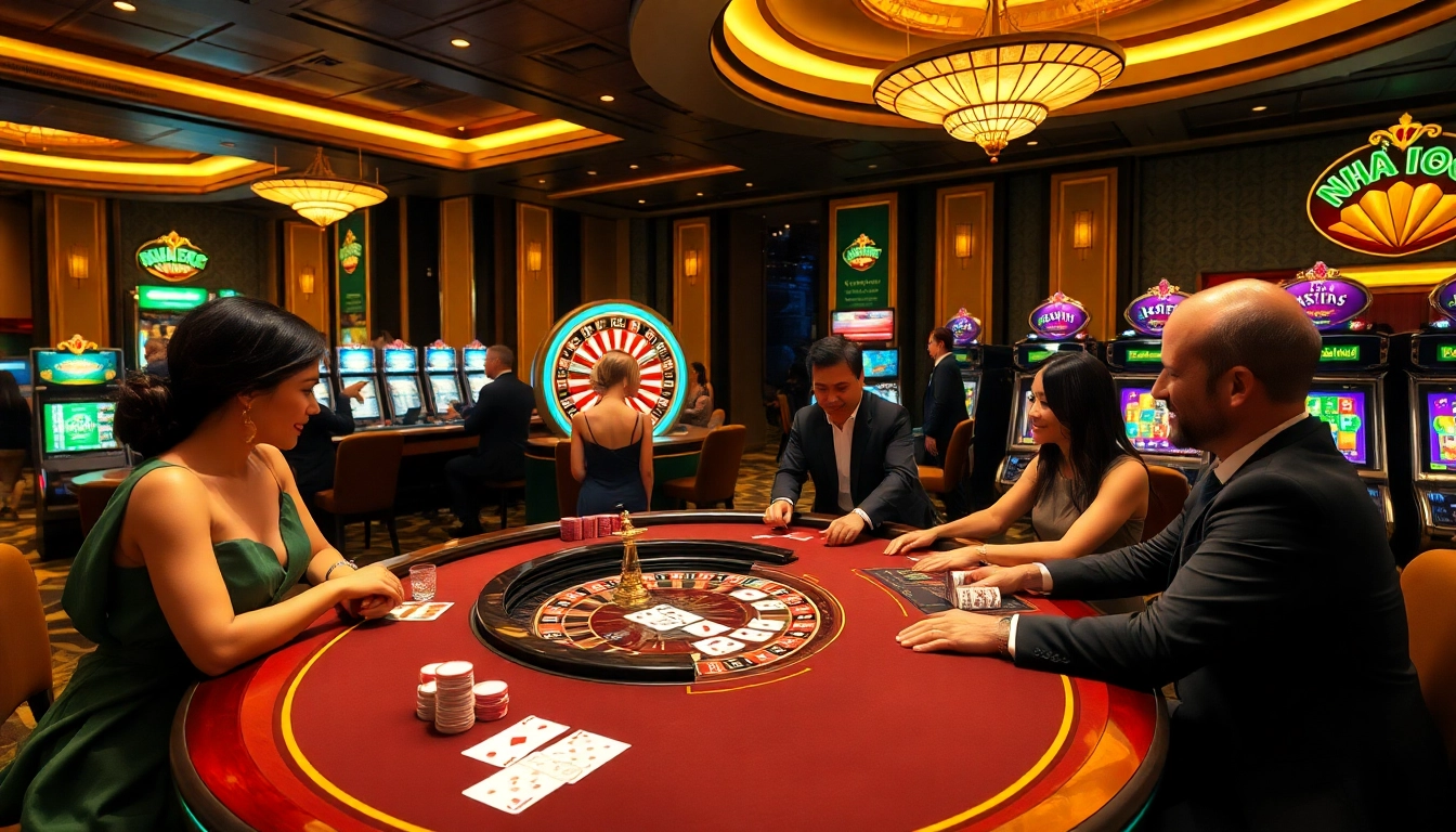 NHÀ CÁI NOHU90 gaming scene with elegant dealer, poker chips, and roulette wheel.