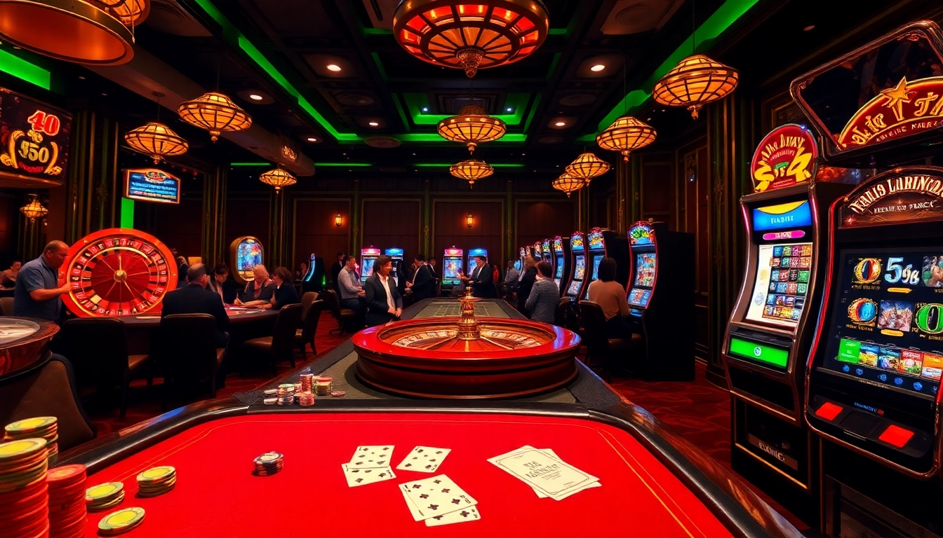 Engage with keonhacai in a vibrant casino scene featuring poker tables, roulette wheels, and enthusiastic players.