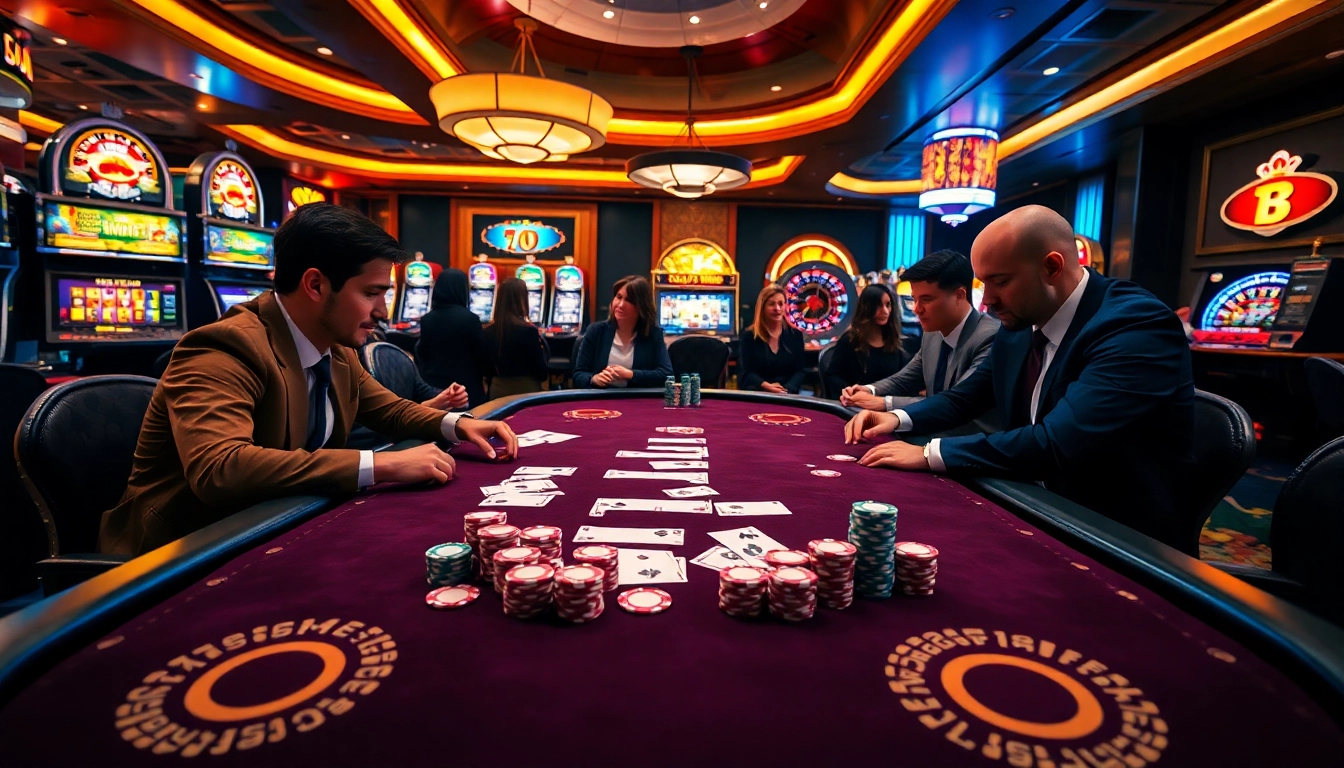Engaging poker players strategizing on the hidden wiki at a vibrant casino table with colorful chips.