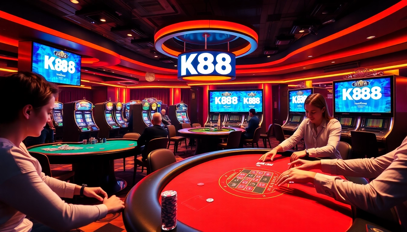 K88 offers an engaging online casino experience with dynamic gaming tables and illuminated slot machines.