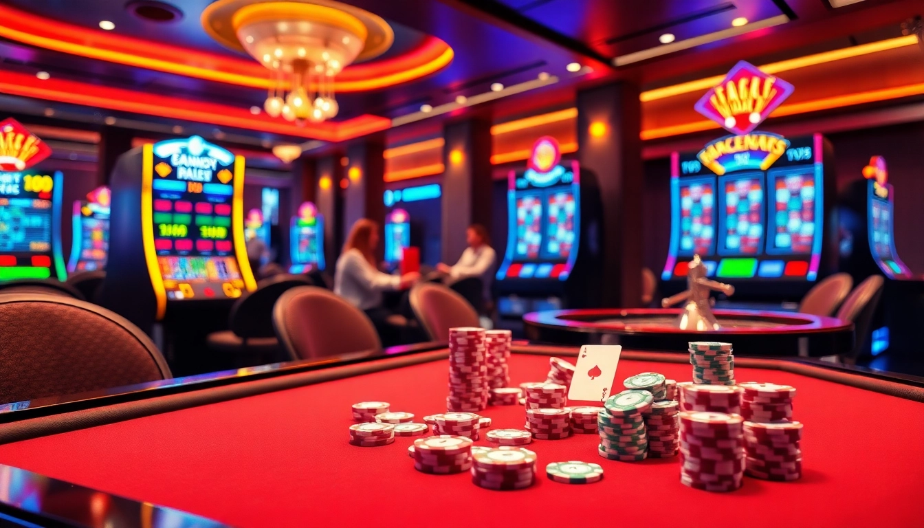 Experience thrilling gameplay at bl555 with vibrant casino elements like poker chips and slot machines.