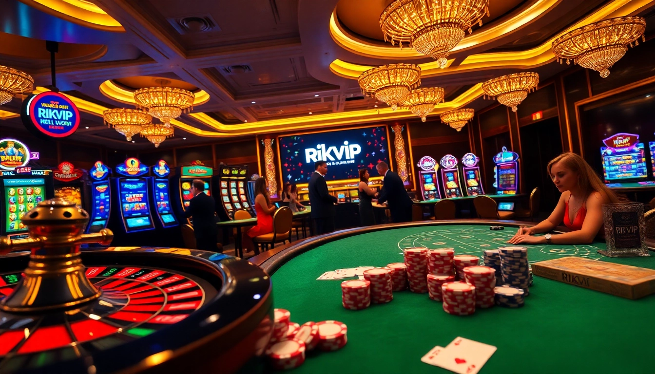 Experience the thrill of Rikvip with colorful casino tables, slot machines, and poker excitement.