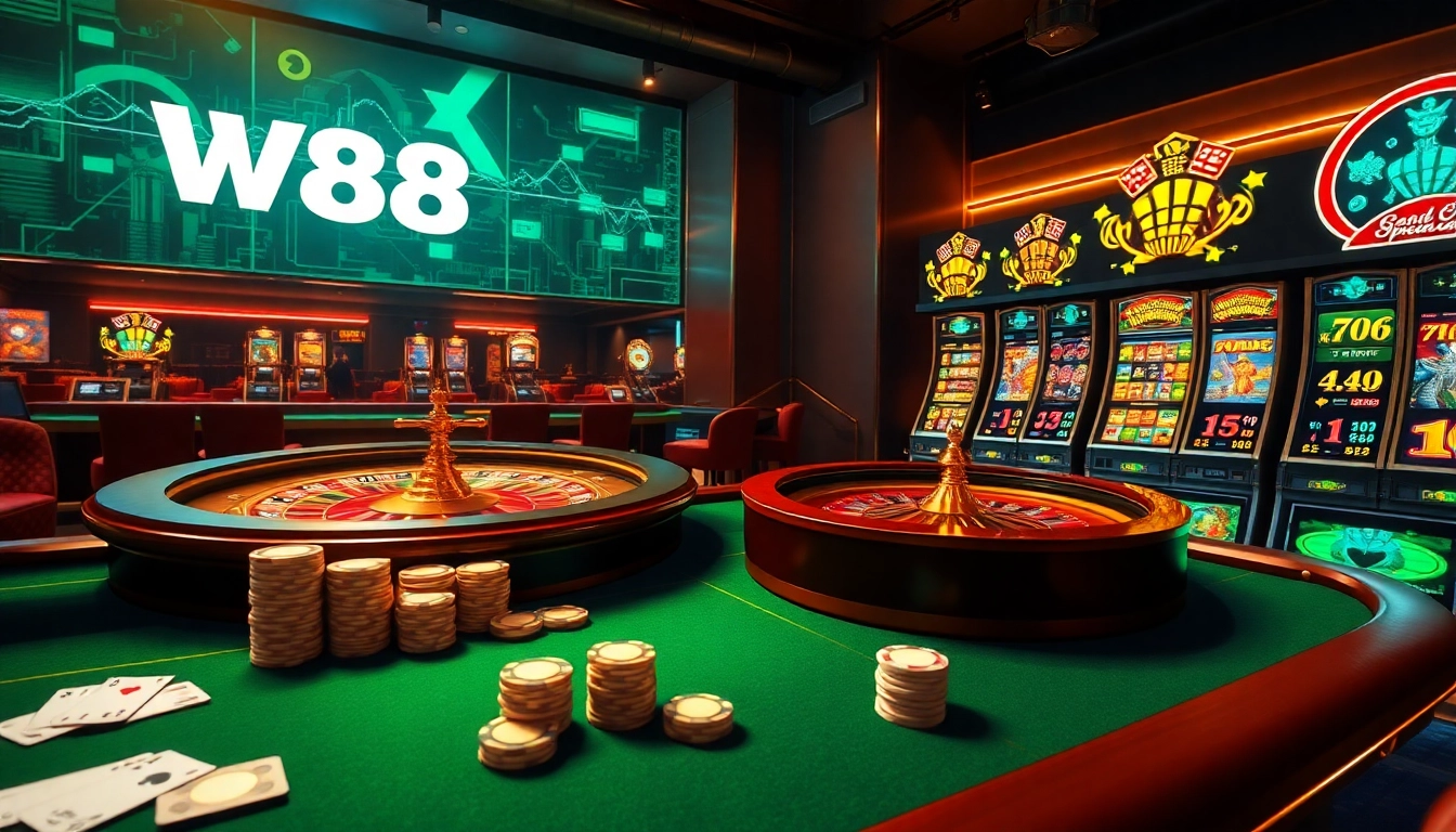 Engaging players in a luxurious WW88 online casino experience with vibrant tables and slot machines.