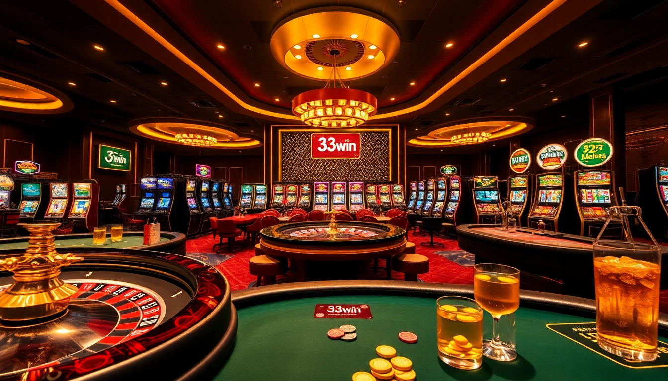 Players enjoying gaming excitement at 33win casino with roulette and slot machines.