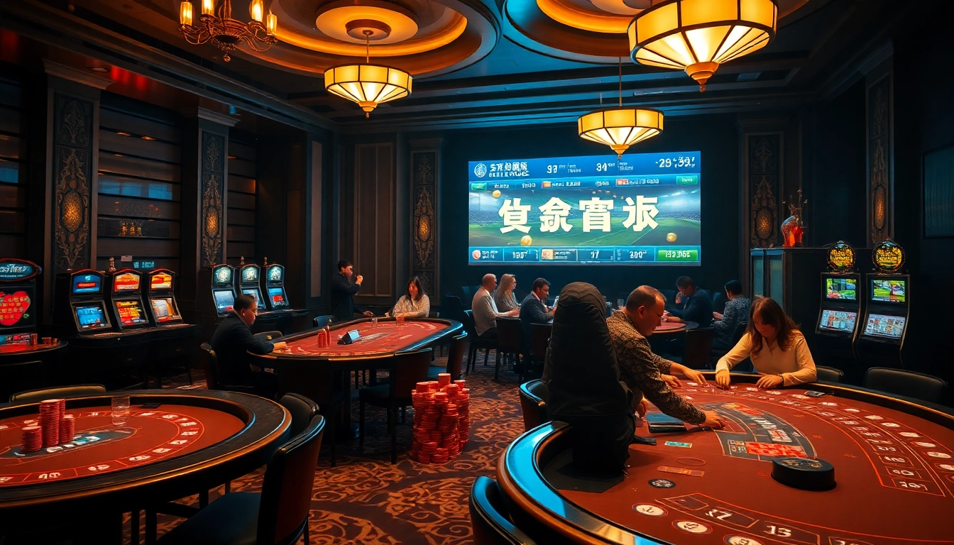 Experience the thrill of แทงบอล in a luxurious casino setting with excited players and vibrant betting odds.