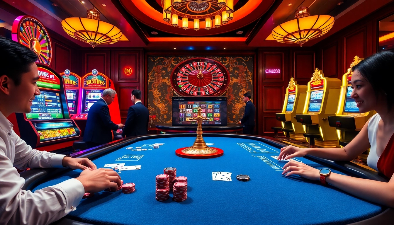 Players enjoying poker at Xin88, surrounded by vibrant casino tables and slot machines.