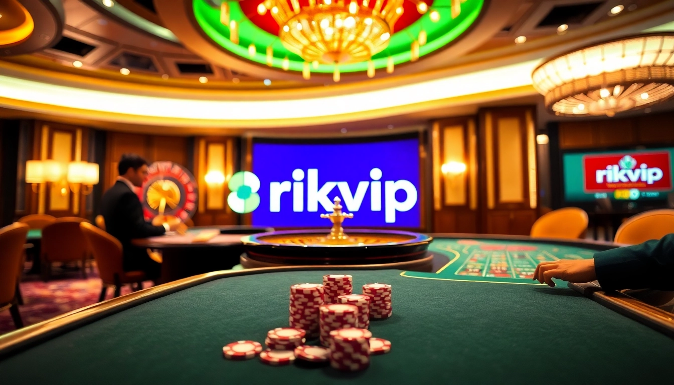 Rikvip players enjoying an exciting game at a luxurious casino table with vibrant colors.