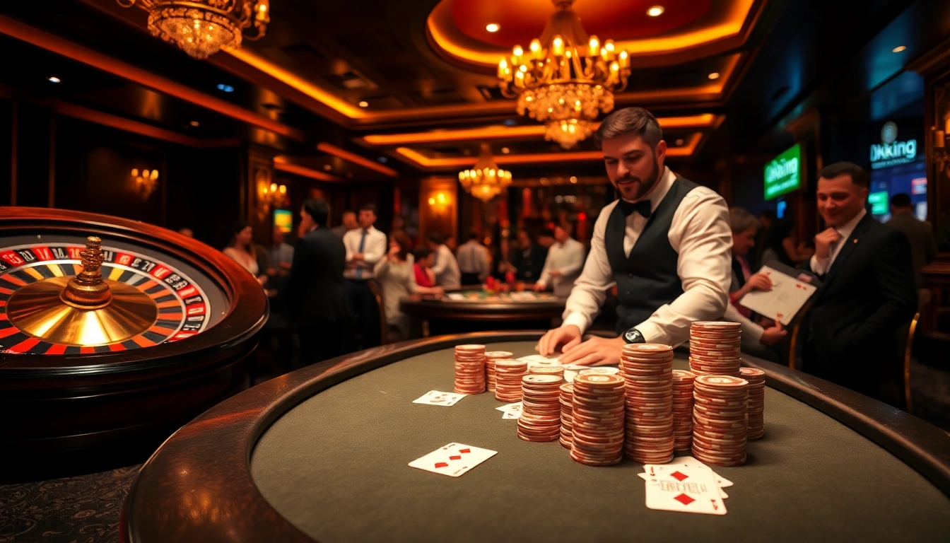 Engage in strategy and excitement at the Okking casino poker table with vibrant chips and cards.