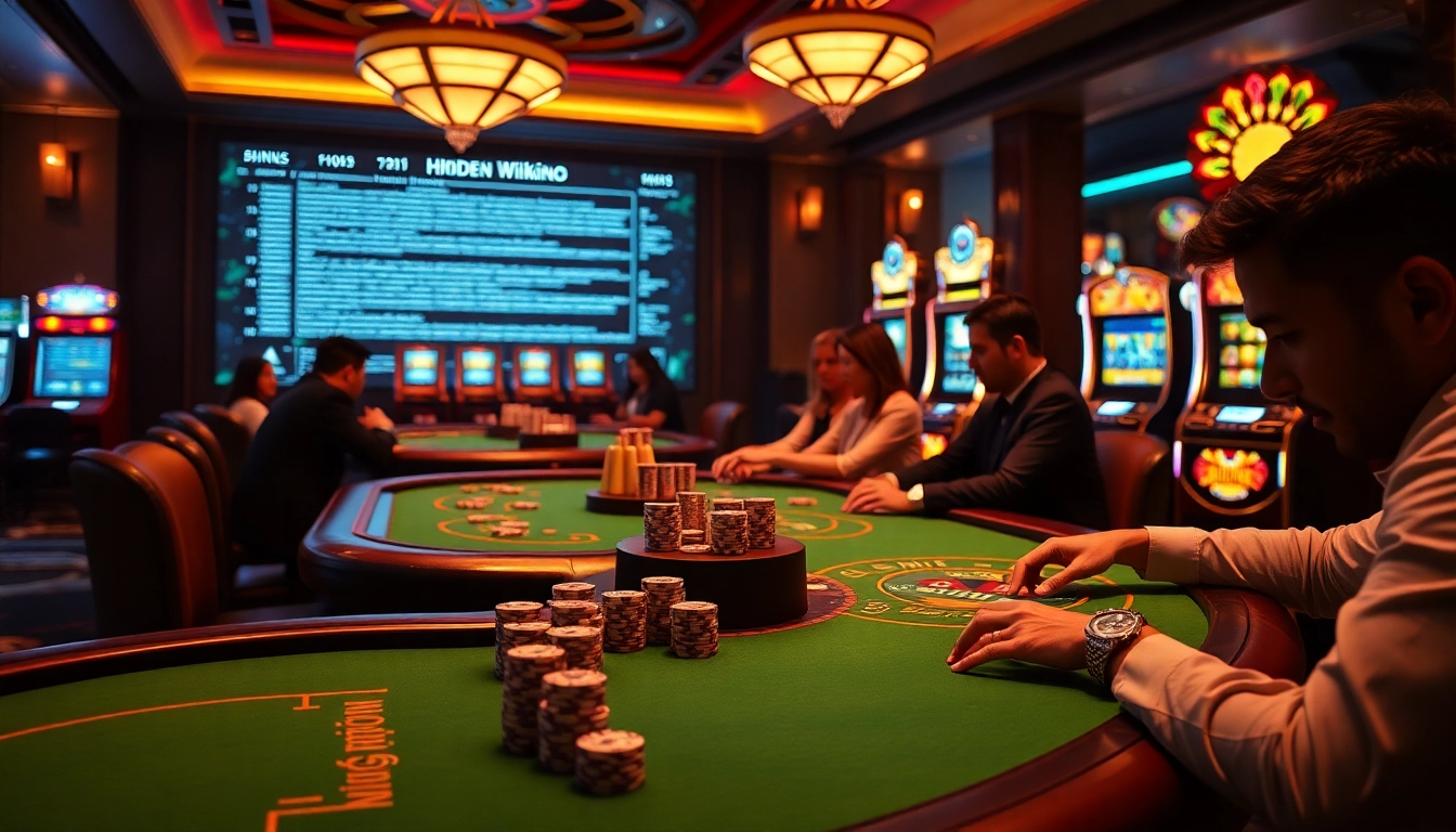 Engaging casino players at a table while showcasing hidden wiki elements in an atmospheric setting.