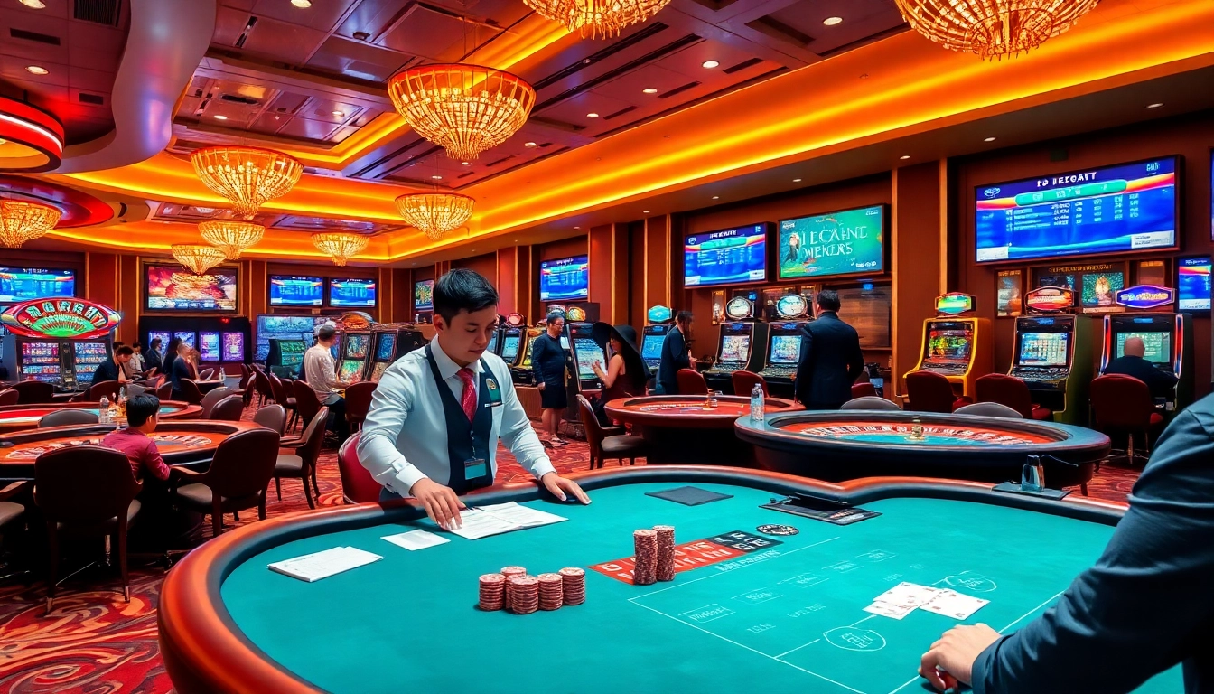 Experience the thrill of nk88 with vibrant casino gaming, featuring poker tables and roulette wheels.