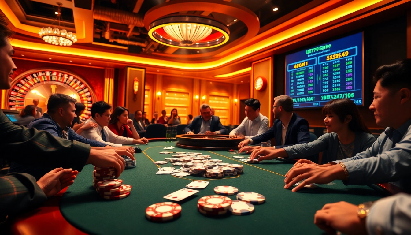 Players strategizing high-stakes poker at a luxurious casino with 99oke branding.