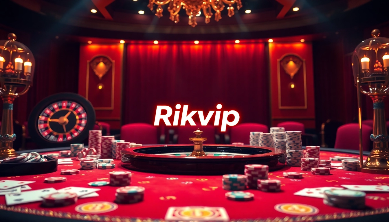 Rikvip logo surrounded by excited casino elements like roulette, poker chips, and cards.