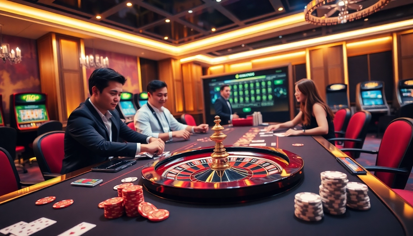 Players enjoying a luxurious gaming experience at RR88's casino, featuring tables, cards, and vibrant slot machines.