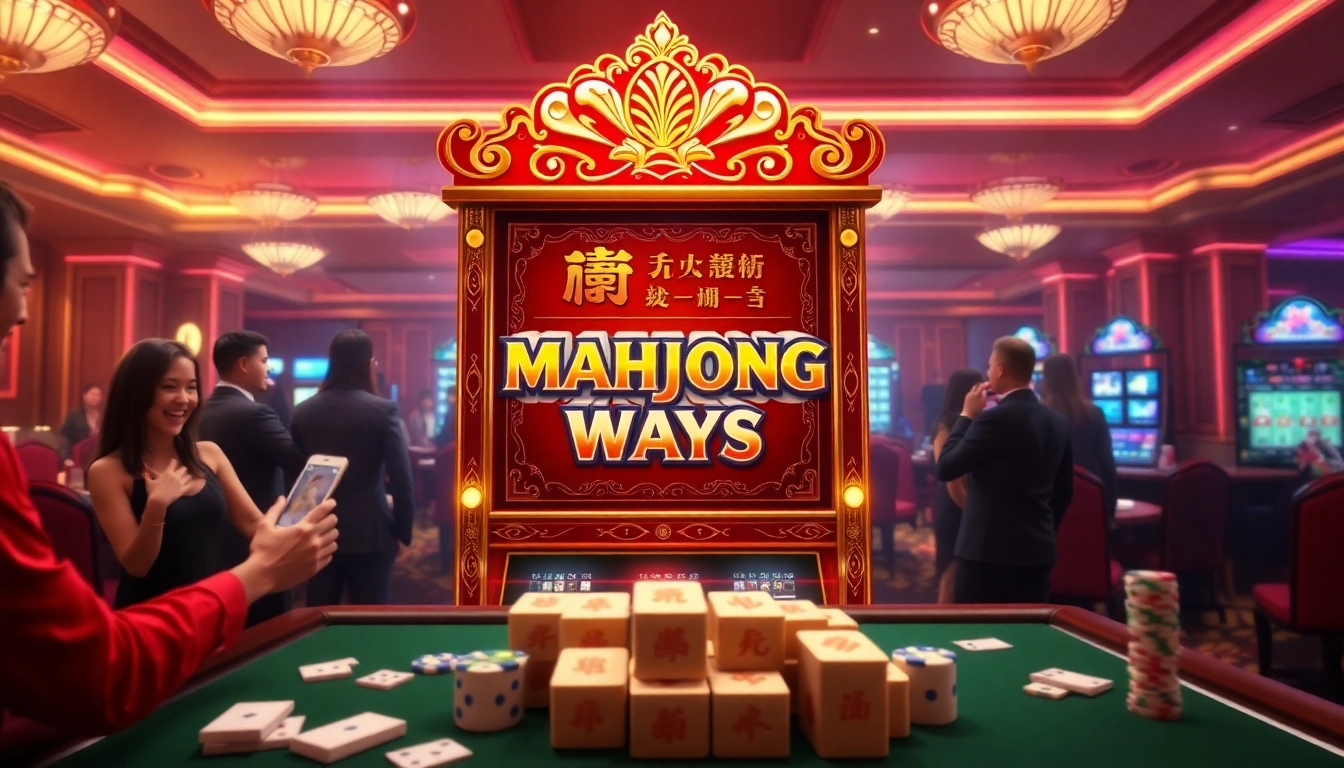 Players enjoying the thrilling demo slot mahjong game at an upscale casino, showcasing vibrant colors and action.