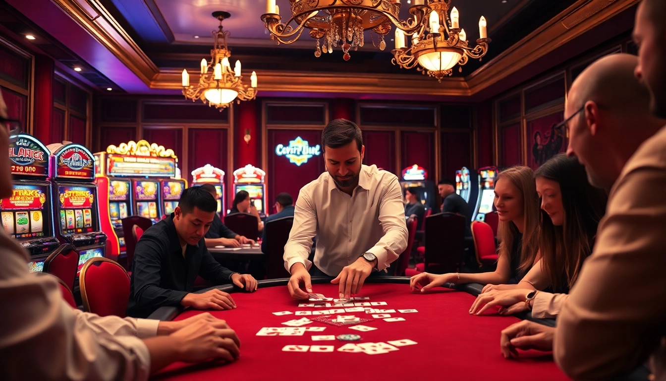 Players enjoying a thrilling poker game at 33win casino, surrounded by vibrant slot machines and luxury decor.