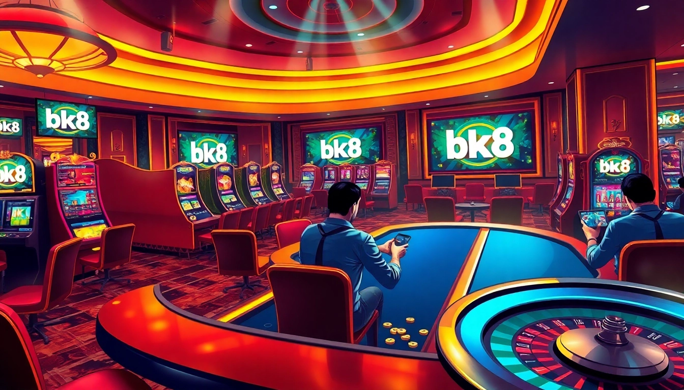 Engaging scene of casino players enjoying games on เว็บตรง bk8 with poker, slots, and roulette.