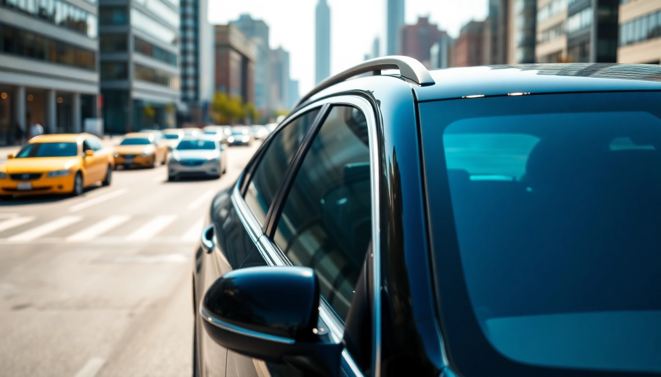 Enhance visibility with professional window tint Chattanooga on a stylish vehicle against a vibrant city backdrop.