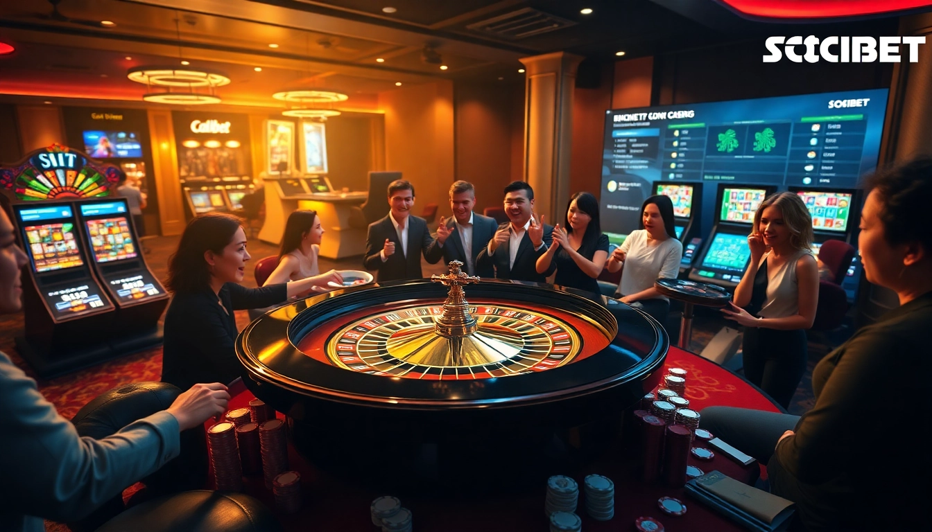 Players enjoying a thrilling game at SOIBET casino with roulette and vibrant slot machines.