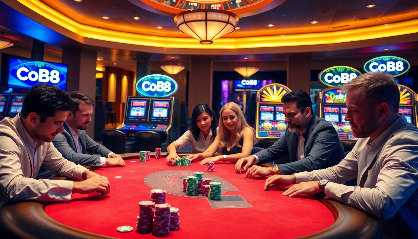 Players enjoying an exciting poker game at Co88 casino featuring vibrant chips and luxurious atmosphere.