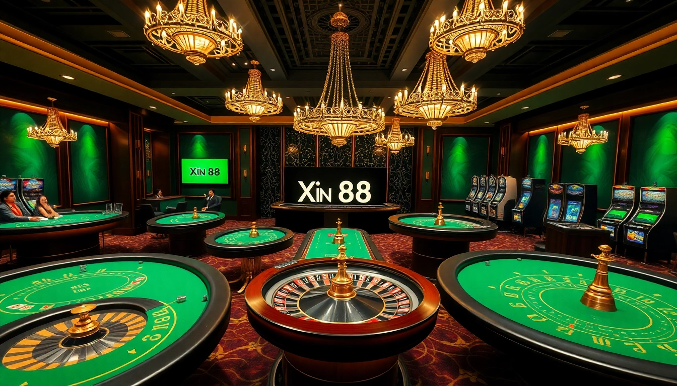 Experience the thrill of gambling at Xin 88 online casino, featuring vibrant poker tables and roulette wheels.