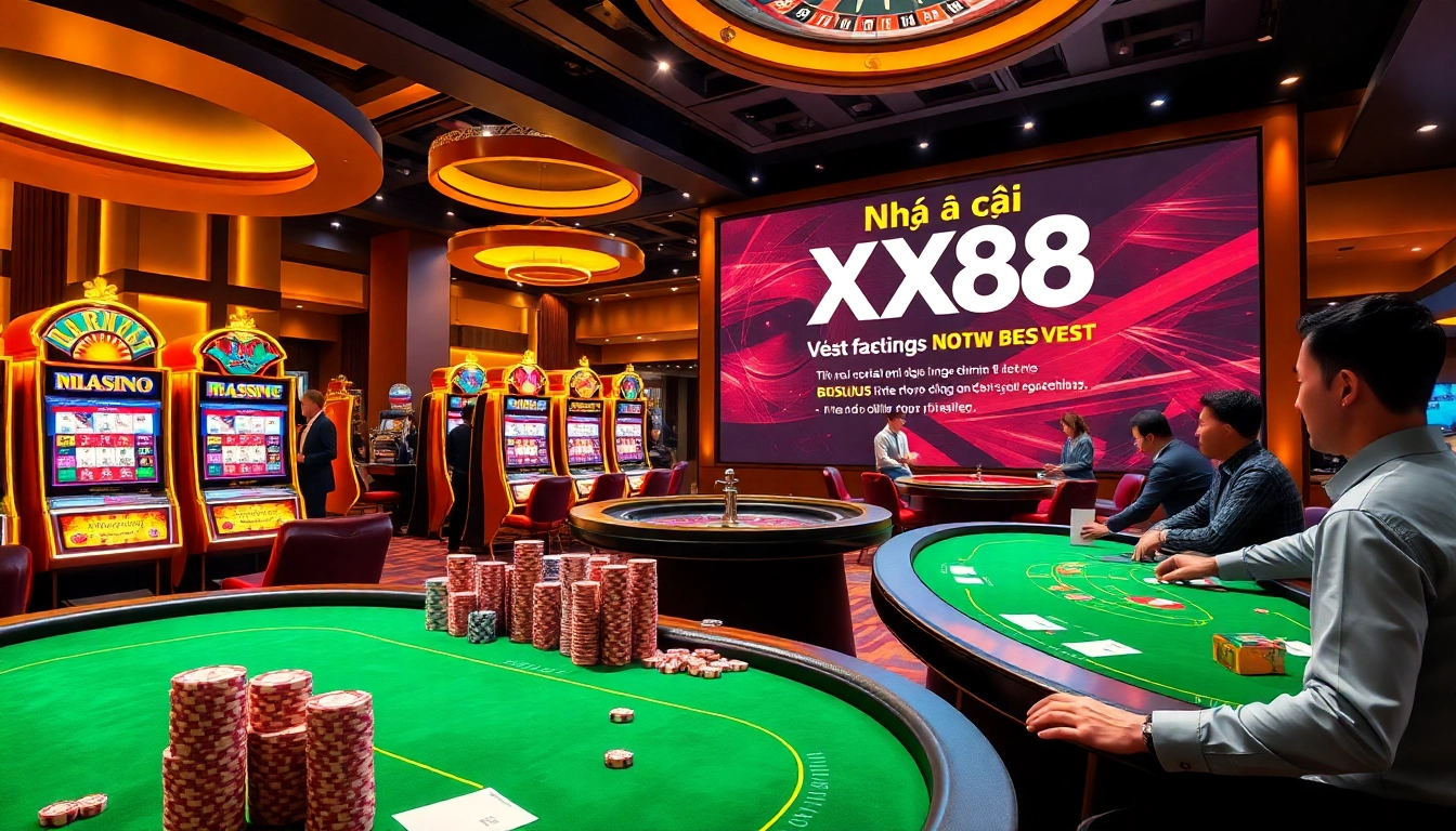 Engaging casino atmosphere showcasing nhà cái XX88 with vibrant slot machines and poker games.