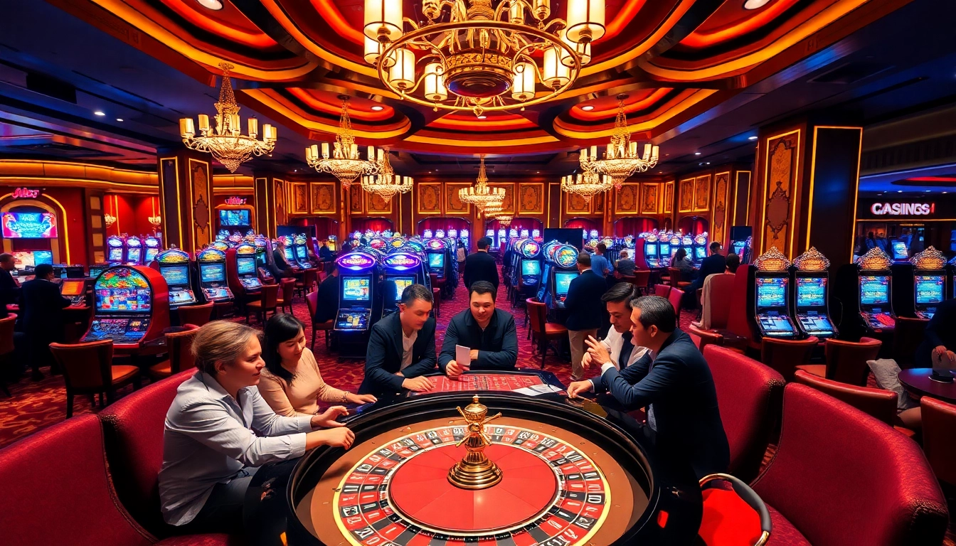 Players enjoy a thrilling roulette game in the luxurious j88 casino, surrounded by vibrant colors and excitement.