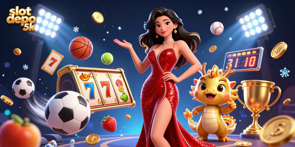 Experience the thrill of slot depo 5k with vibrant 3D characters and casino elements swirling around.