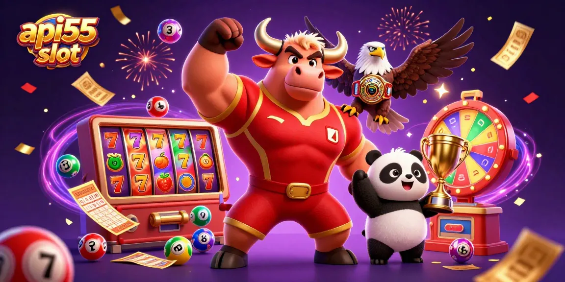 Engage with the action of api55 slot through dynamic, colorful slot-themed illustration.