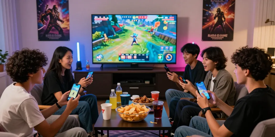 Excited players engaging in Raja Game login on smartphones in a vibrant gaming setup.