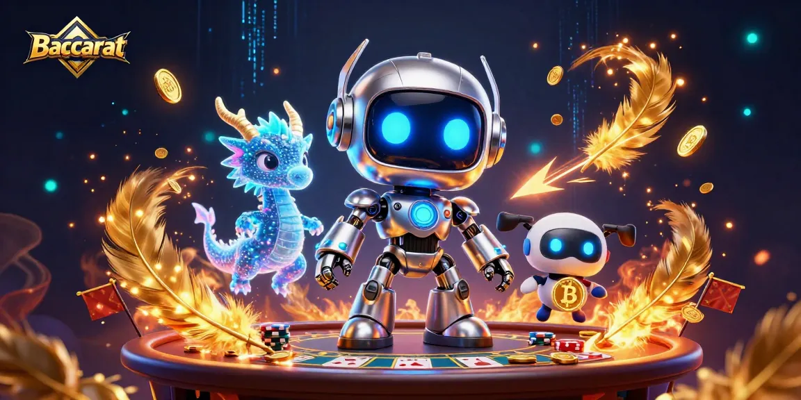 Baccarat scene with a cyberpunk robot and AI dragon surrounded by colorful casino elements.