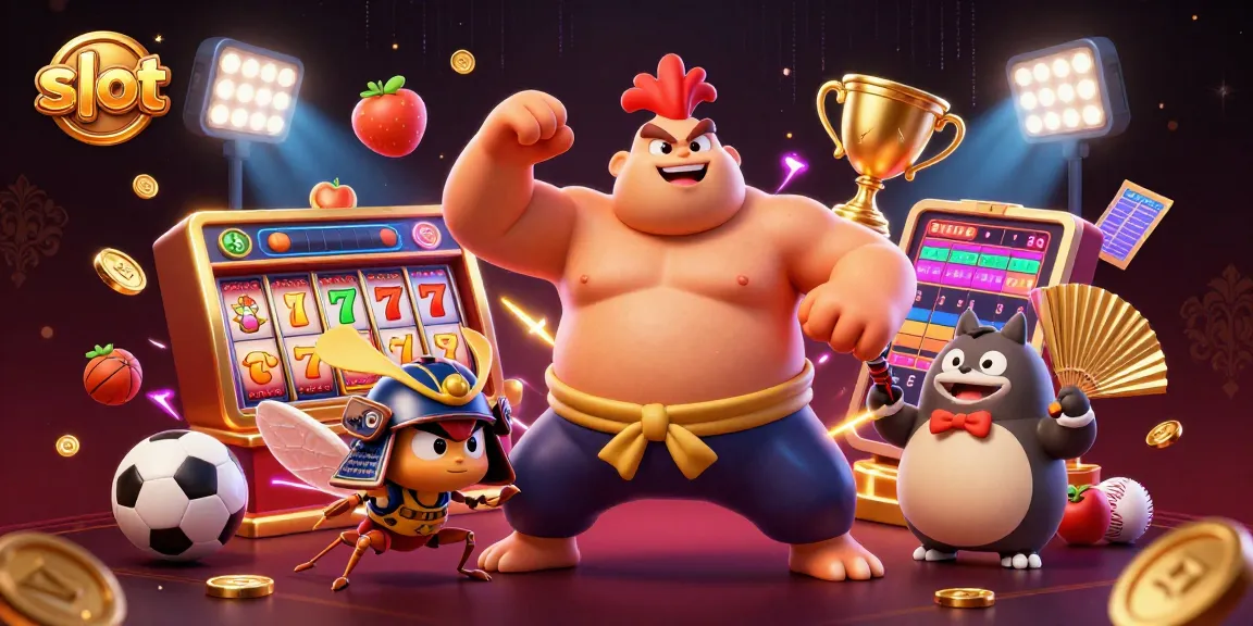 Reel slot yang berputar dan simbol keberuntungan dalam ilustrasi menarik dengan karakter unik yang menghibur pemain.