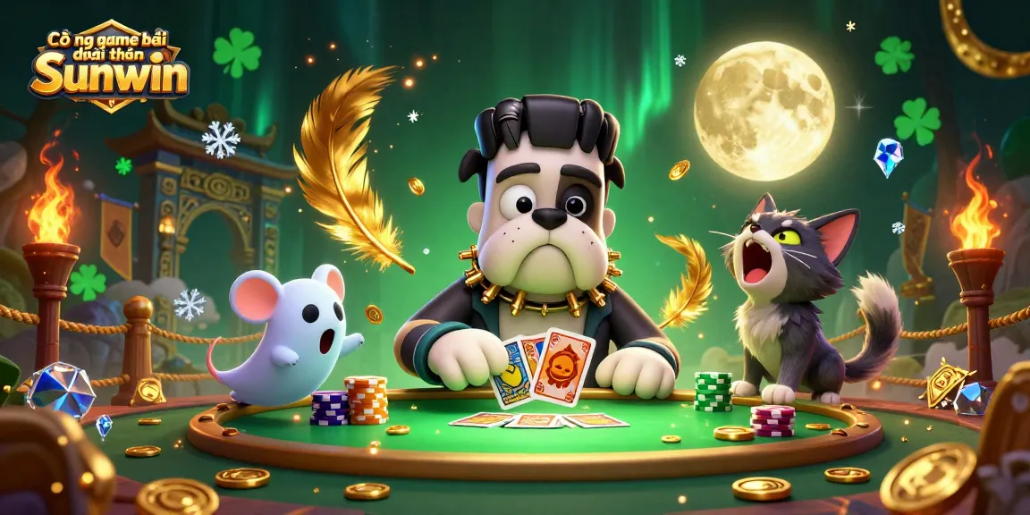Cổng game bài đổi thưởng Sunwin showcases a vibrant casino scene with a Frankenstein bulldog dealer and dynamic elements.