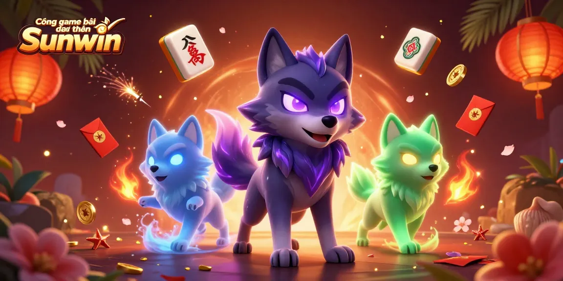 Cổng game bài đổi thưởng Sunwin offers a vibrant casino experience with 3D wolves, glowing game elements, and festive details.