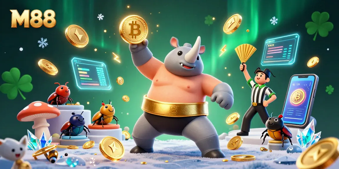 Experience thrilling gameplay at M88 with a powerful sumo beetle champion amid flying coins and vibrant casino elements.