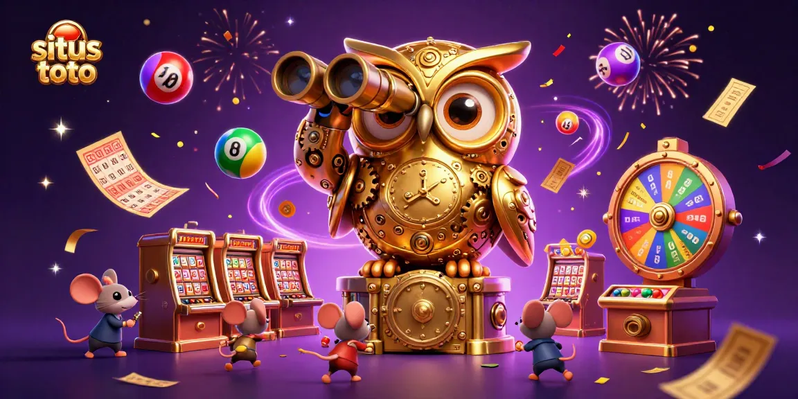 Experience the exciting action of situs toto with colorful lottery balls and a golden owl scanning the casino.