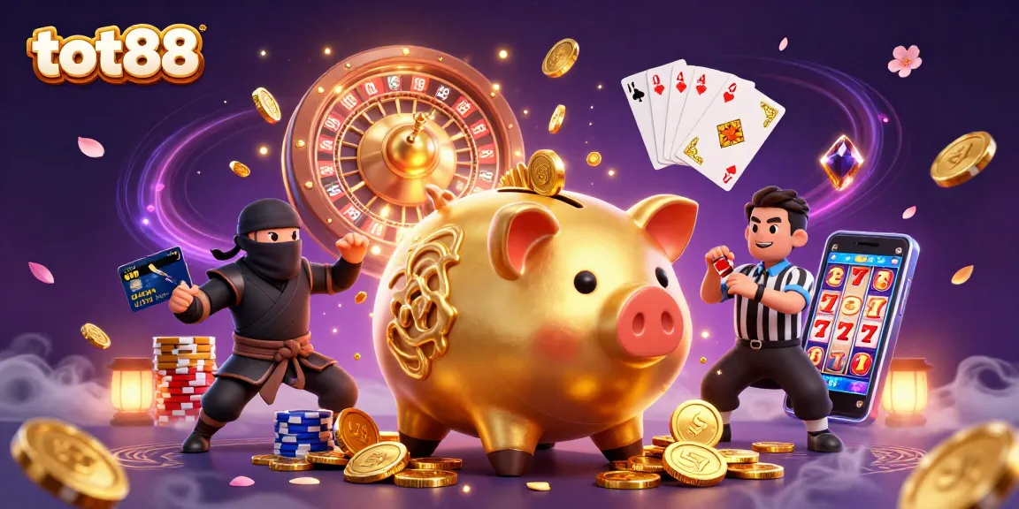 tot88 showcases epic gambling action with a piggy bank sumo wrestler, coins flying, and a dynamic casino scene.