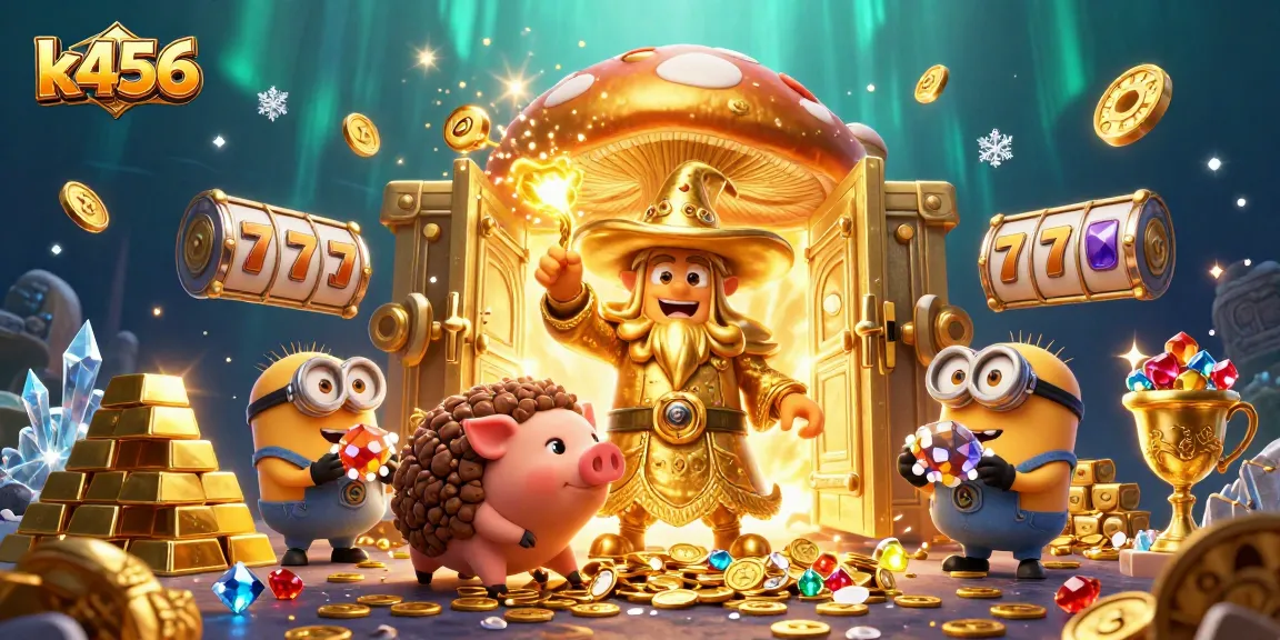 k456 oferece slots emocionantes e um tesouro de prêmios em uma cena vibrante e mágica.