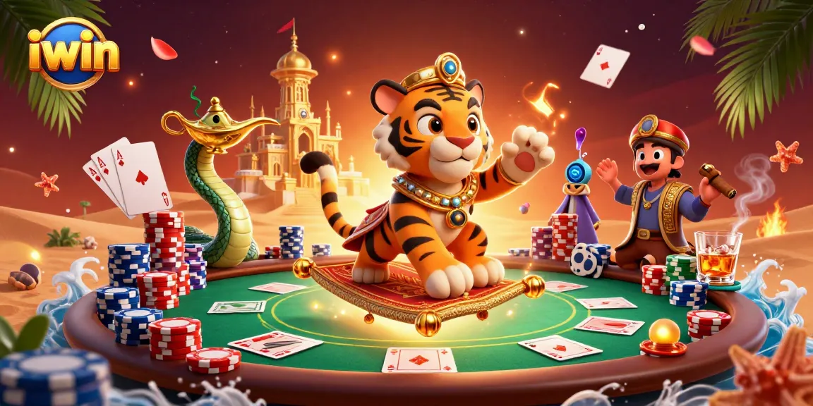 Engage in thrilling gameplay with iwin's vibrant casino scene showcasing an Arabian-themed character.