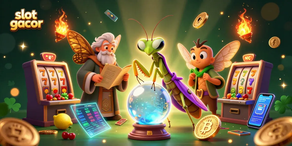 Experience thrilling slot gacor gameplay with a vibrant 3D illustration of fortune-telling characters and cosmic casino elements.