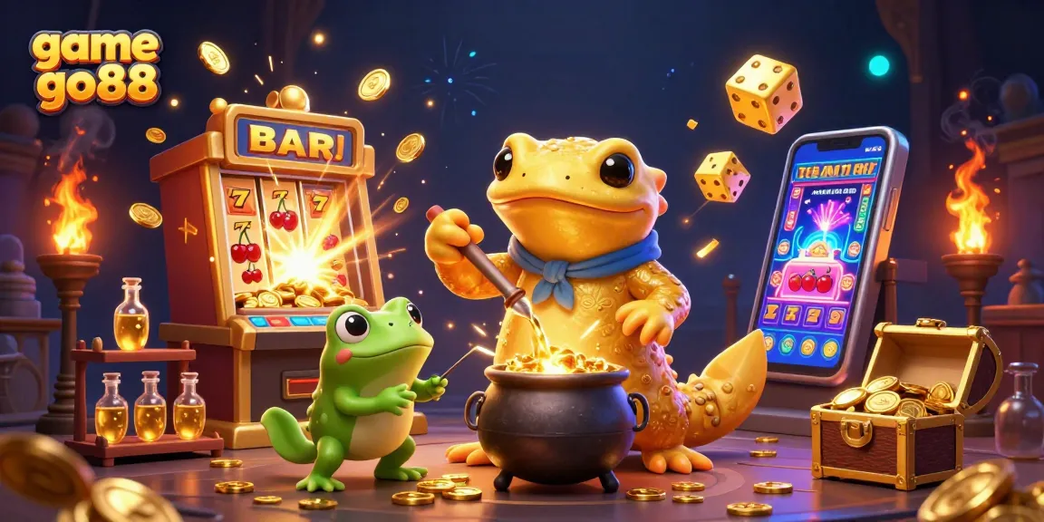 Experience the thrill of game go88 with a vibrant 3D illustration featuring a gold alchemist and slot machine action.