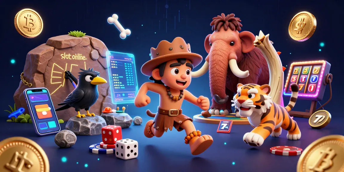 Engage in the vibrant world of slot online with a dynamic prehistoric casino scene featuring a caveman, sabertooth tiger, and a crow.